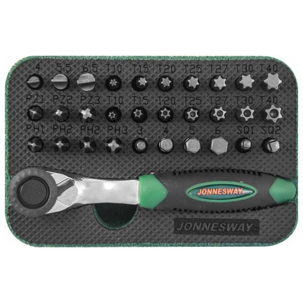 Набор вставок-бит Jonnesway с трещоточной рукояткой мини 1/4&amp;quot;DR, 60 зубцов, 32 предмета